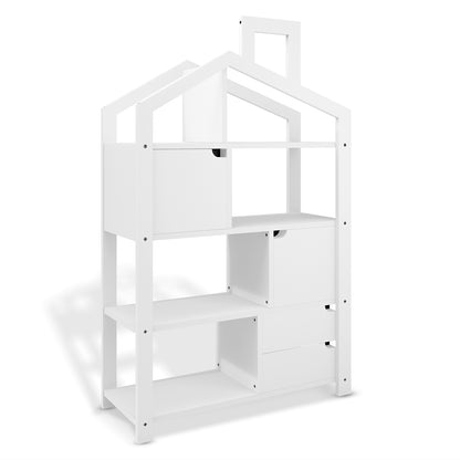 Quinta Shelf Unit with Storage White features a house-shaped frame with three open shelves and four asymmetrical cubbies, ideal for organizing and displaying items in a child's room.