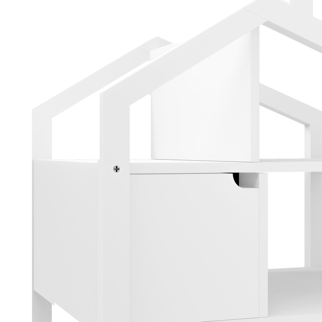 Close-up of the Quinta Shelf Unit with Storage White, showcasing its house-shaped design, visible pull-out drawer with a cut-out handle, and a cross-head screw securing the frame.