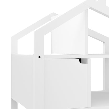 Close-up of the Quinta Shelf Unit with Storage White, showcasing its house-shaped design, visible pull-out drawer with a cut-out handle, and a cross-head screw securing the frame.