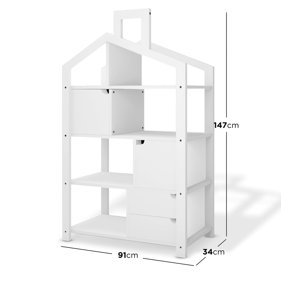 Quinta Shelf Unit with Storage White, a 147 cm tall house-shaped shelving unit with four tiers of open shelves and closed cubbies, ideal for organizing children's toys and books.