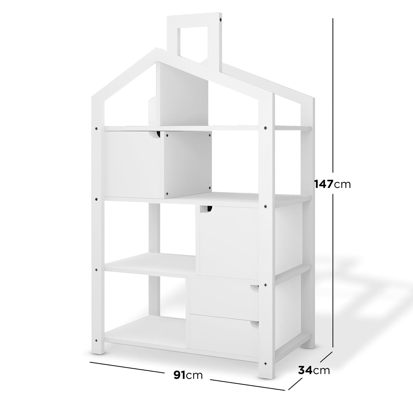 Quinta Shelf Unit with Storage White, a 147 cm tall house-shaped shelving unit with four tiers of open shelves and closed cubbies, ideal for organizing children's toys and books.