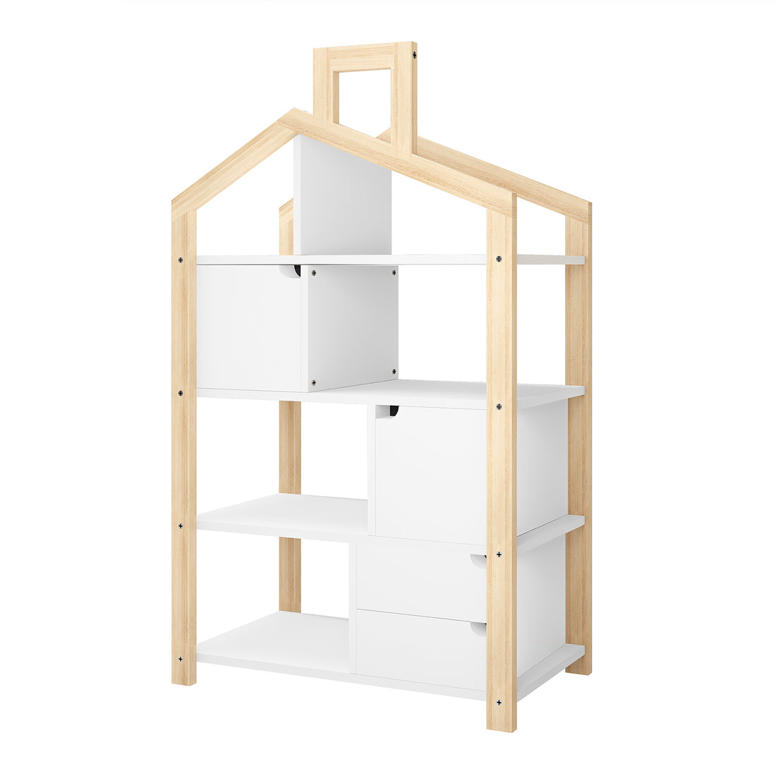 Quinta Shelf Unit with Storage features a light-wood house-frame with five staggered white shelves and four box-style compartments, adding playful, organized storage to a child's room.