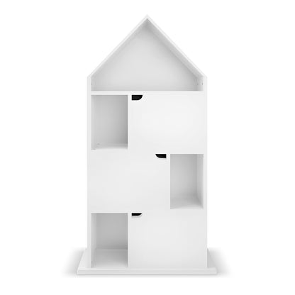 Quinta Bookshelf with Cabinet White, featuring a house-shaped design with a peaked roof, three tiers of cubby compartments, and a mix of open shelves and sliding front cabinets.