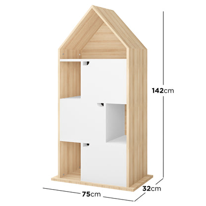 Quinta Bookshelf with Cabinet White & Natural features a house-shaped design, light wood material, four cubby compartments with two white panel doors, and a peaked roof silhouette.
