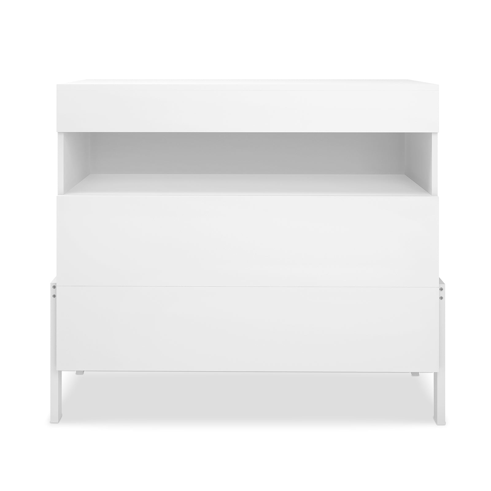 Quinta Tallboy Dresser with Drawers White, featuring modern design, open shelf, and spacious pull-out compartment, against a plain background. Perfect for organizing a child's room with style and practicality.