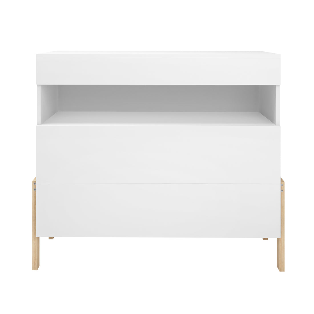 Quinta Tallboy Dresser with Drawers features a modern, minimalist design with an open shelf and two large drawers, standing on light-wood legs, ideal for organizing a child's room efficiently.
