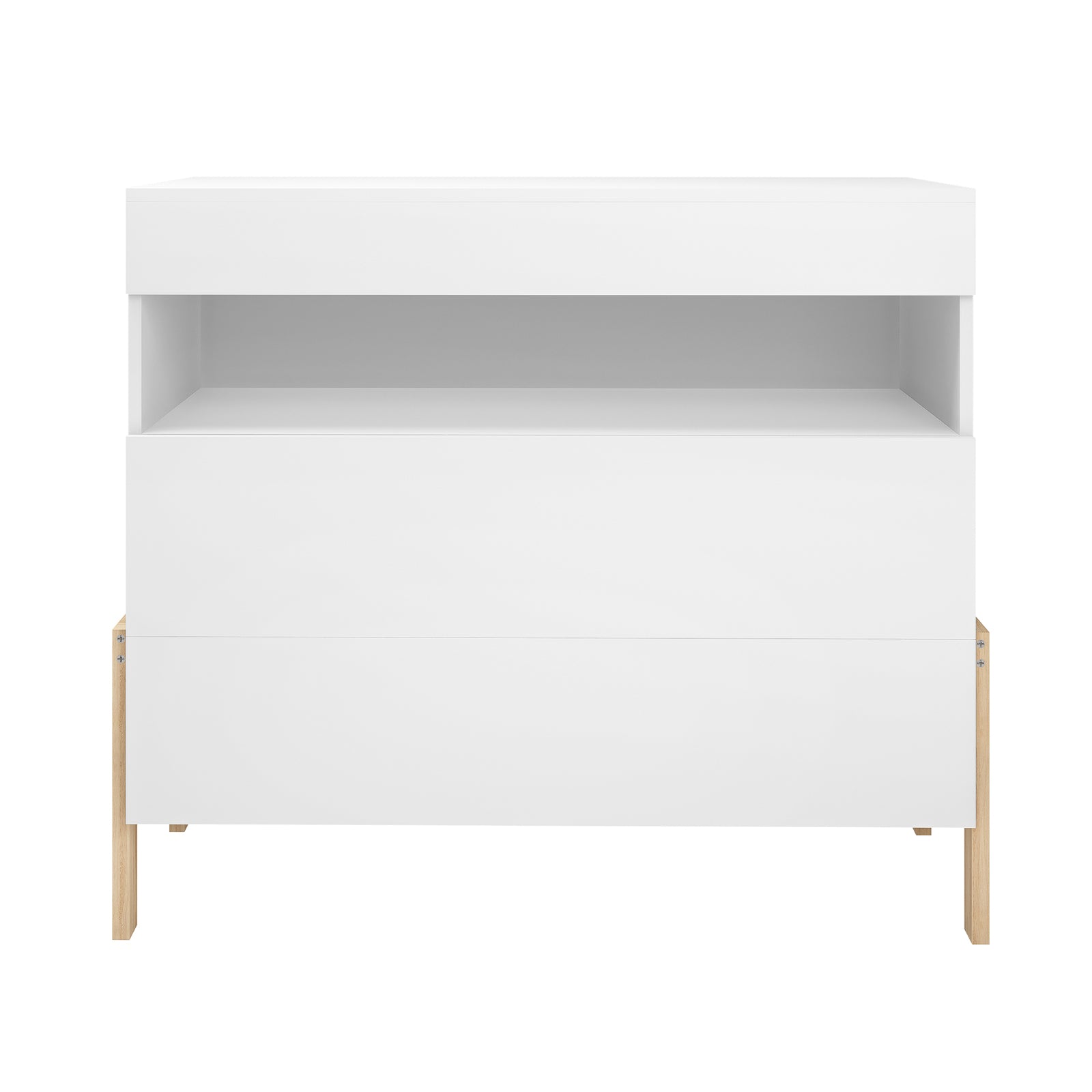 Quinta Tallboy Dresser with Drawers features a modern, minimalist design with an open shelf and two large drawers, standing on light-wood legs, ideal for organizing a child's room efficiently.