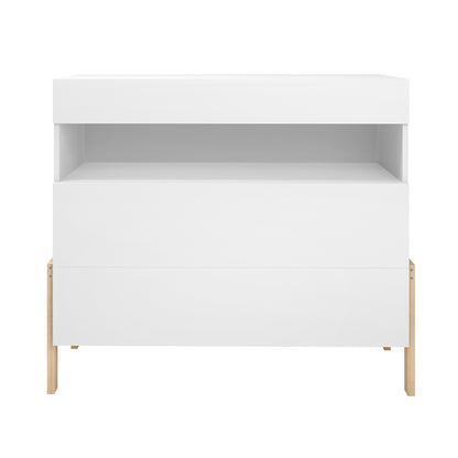 Quinta Tallboy Dresser with Drawers features a modern, minimalist design with an open shelf and two large drawers, standing on light-wood legs, ideal for organizing a child's room efficiently.