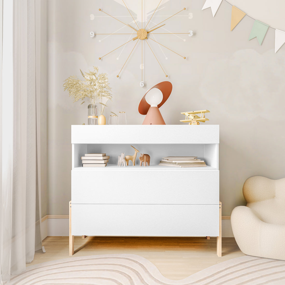 Quinta Tallboy Dresser with Drawers White & Natural featuring two soft-close drawers, an open shelf with books and toys, topped with a lamp, vase, and decor, set in a tranquil room corner.