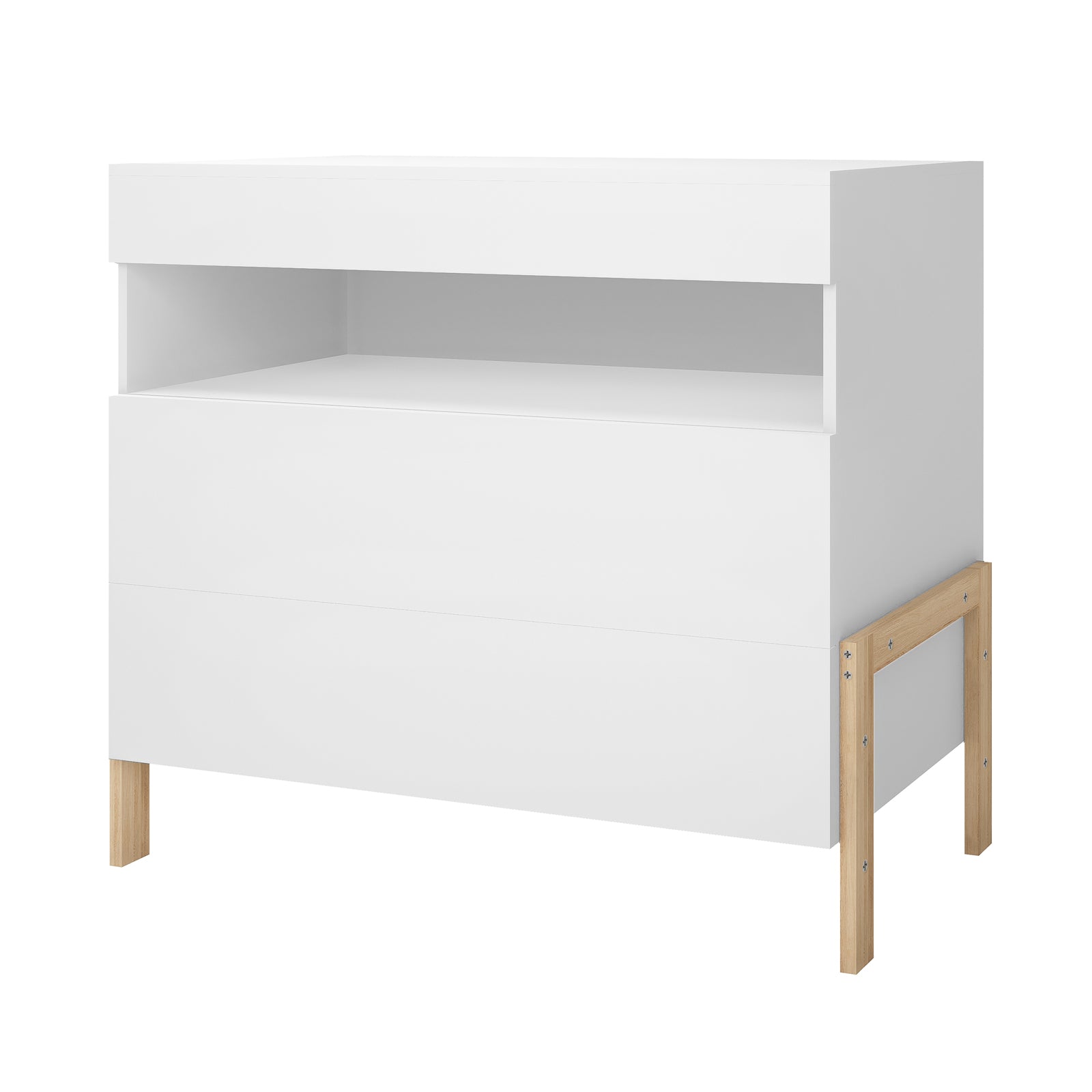 Quinta Tallboy Dresser with Drawers White & Natural, featuring a matte white finish with an open cubby and two drawers, stands on simple wood legs, offering modern style and practical storage.