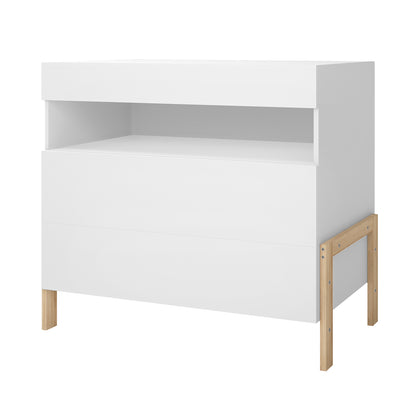 Quinta Tallboy Dresser with Drawers White & Natural, featuring a matte white finish with an open cubby and two drawers, stands on simple wood legs, offering modern style and practical storage.