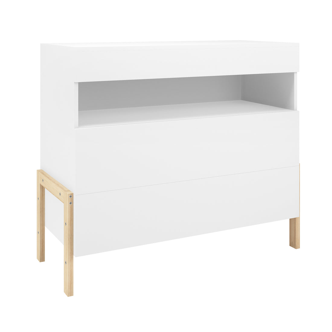 Quinta Tallboy Dresser with Drawers White & Natural features a minimalist design with a white storage cabinet, open cubby, large drawer, and natural-wood legs, ideal for organizing a child's room.