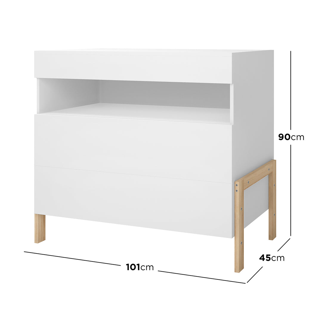 Dimension of the Quinta Tallboy Dresser with Drawers features white finish, natural-wood legs, an open shelf, and two pull-out drawers. Modern design for organized storage in a child's room. Dimensions: 101x45x90 cm.