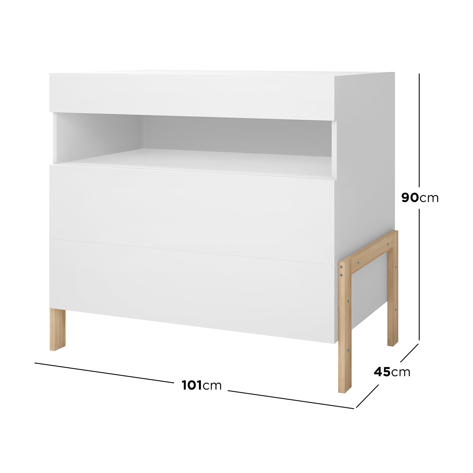 Dimension of the Quinta Tallboy Dresser with Drawers features white finish, natural-wood legs, an open shelf, and two pull-out drawers. Modern design for organized storage in a child's room. Dimensions: 101x45x90 cm.