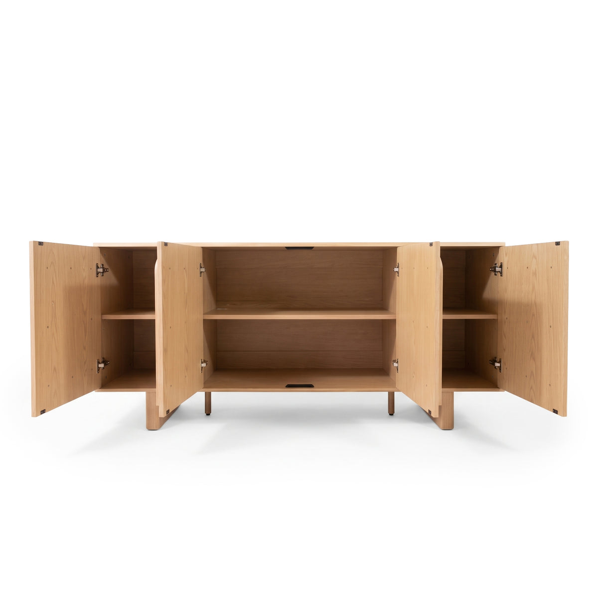 Wooden sideboard with open doors revealing interior shelves on a white background