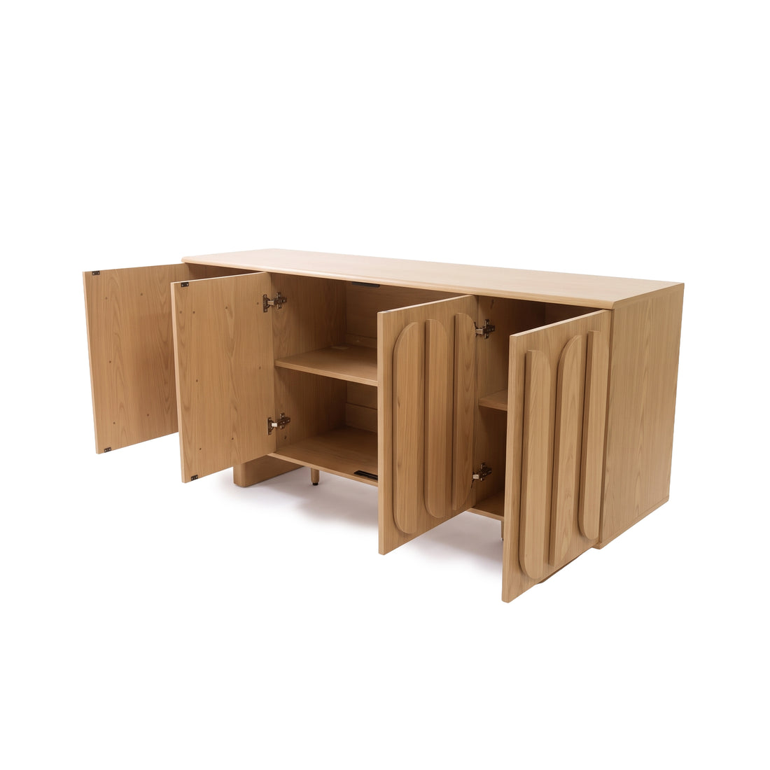 Wooden sideboard with all doors open showing shelves on a white background