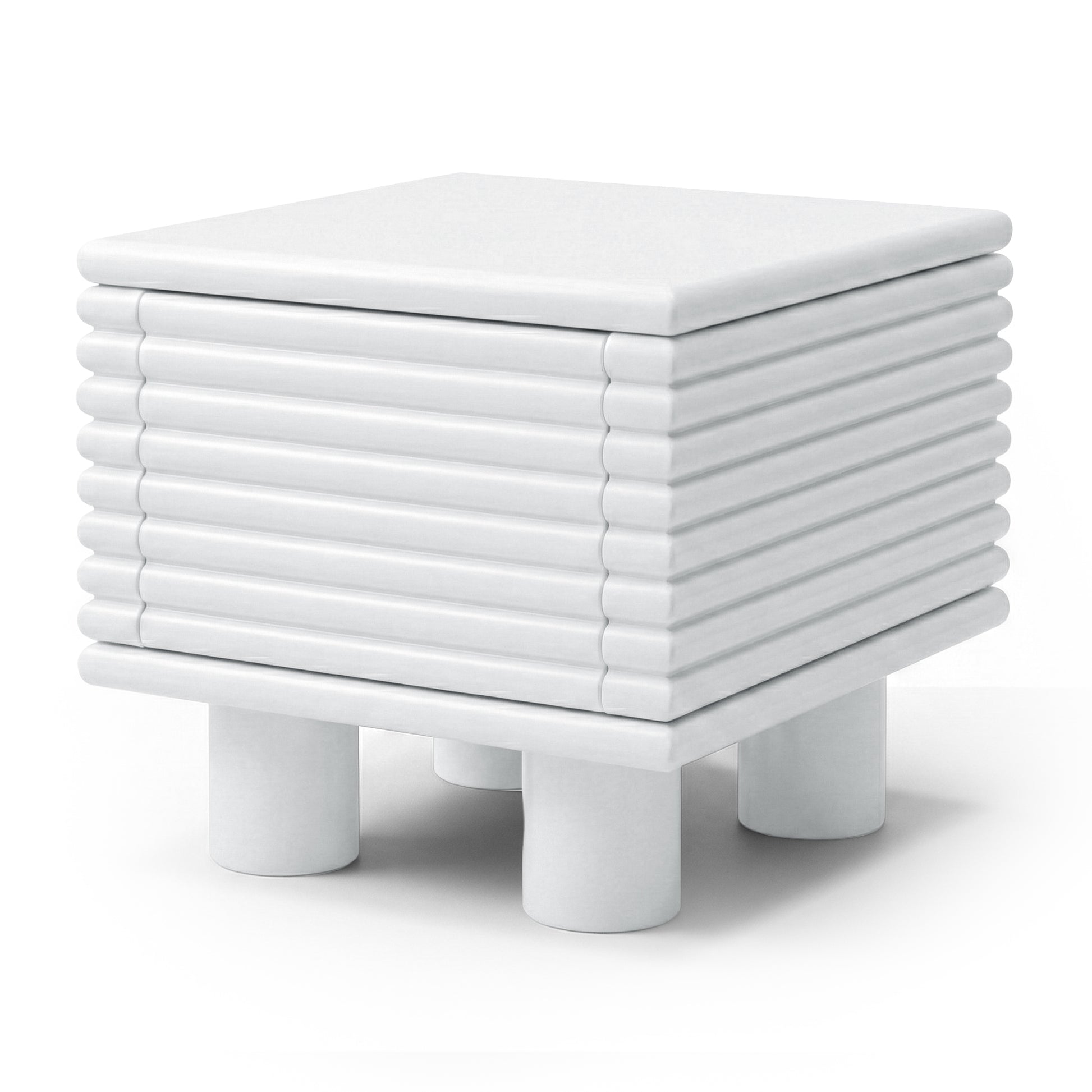 White modern side table with ribbed texture on a white background