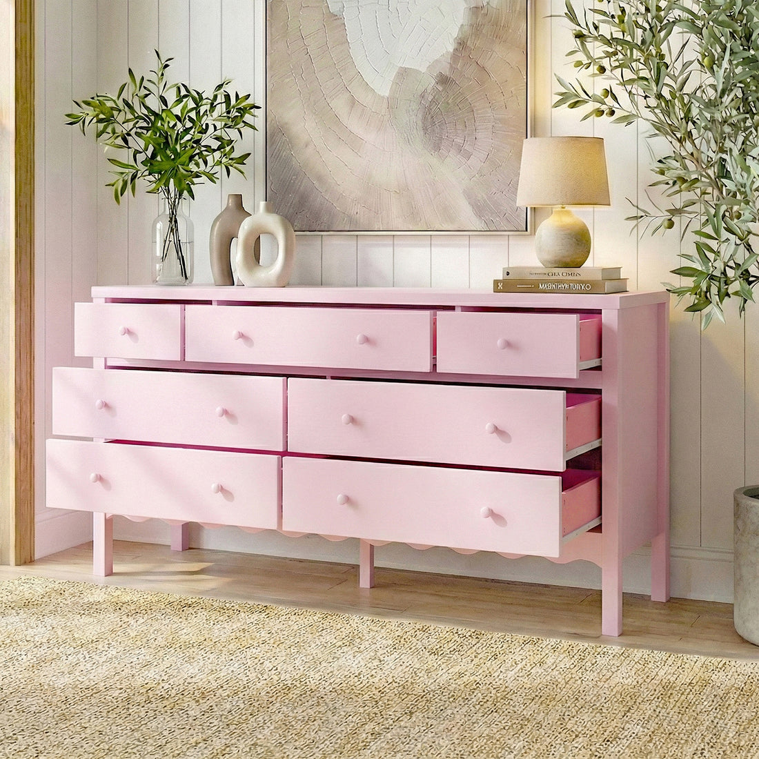 Serra 150cm Solid Pine 7-drawer Lowboy Dresser in Pink