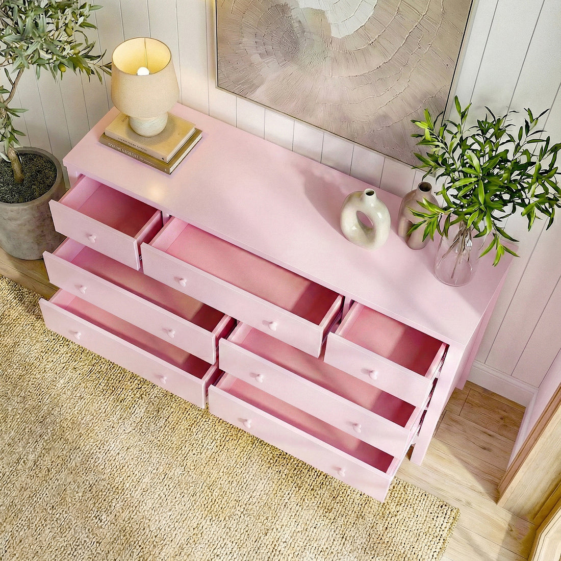 Serra 150cm Solid Pine 7-drawer Lowboy Dresser in Pink