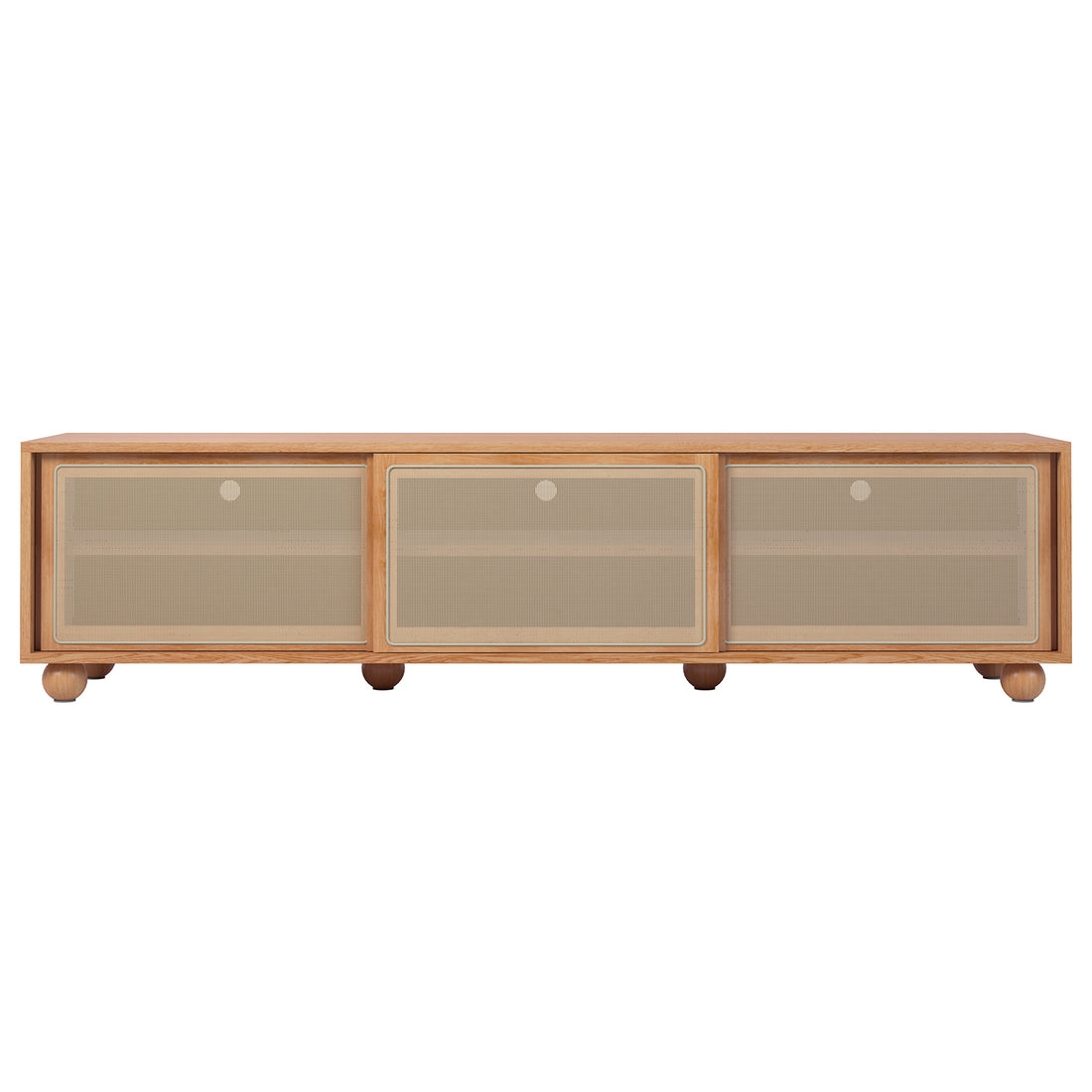 Thea 200cm Solid Oak Rattan Entertainment Unit - Natural features visible sturdy timber legs, a mesh door, and rattan sliding doors, combining elegance and practicality in its robust wooden design.
