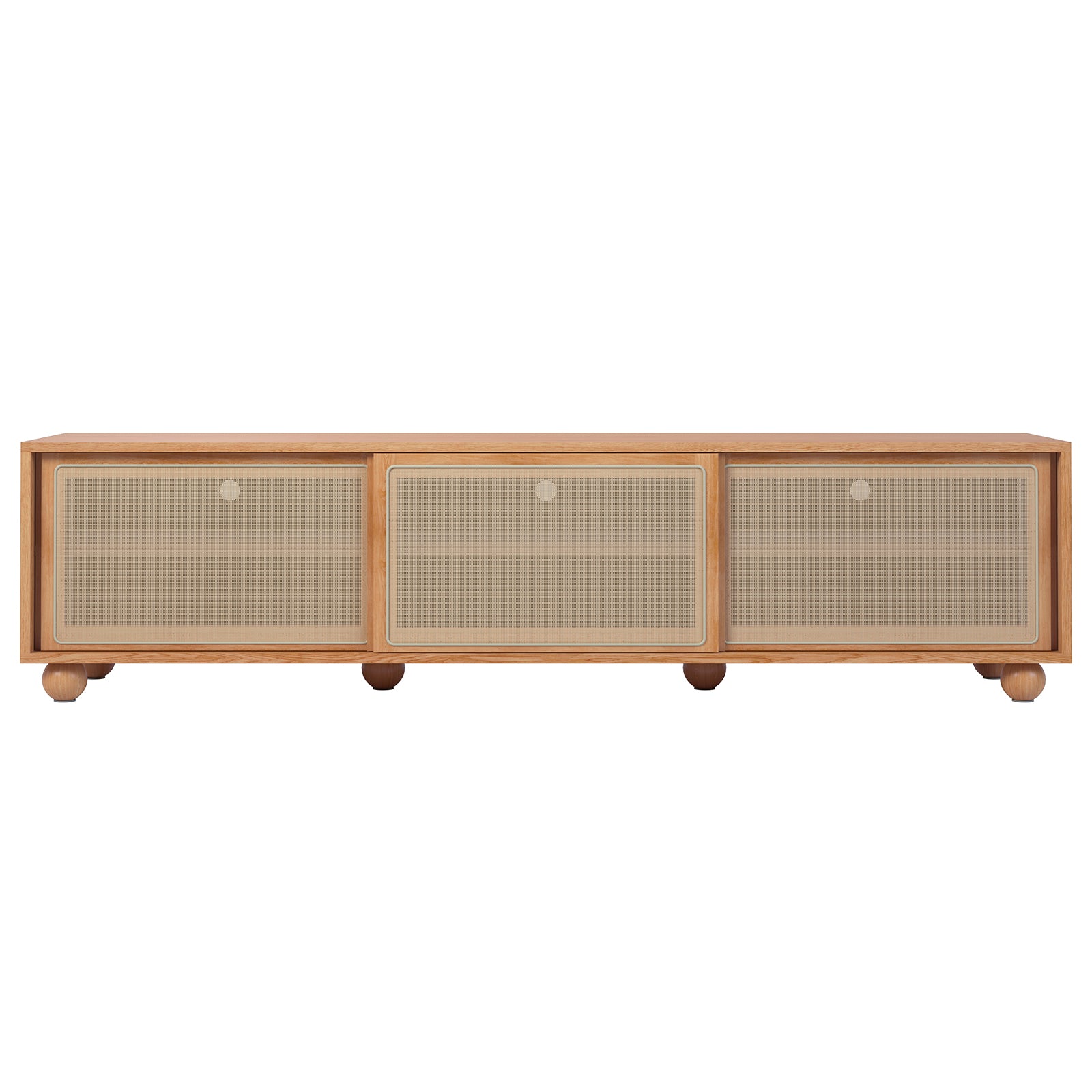 Thea 200cm Solid Oak Rattan Entertainment Unit - Natural features visible sturdy timber legs, a mesh door, and rattan sliding doors, combining elegance and practicality in its robust wooden design.