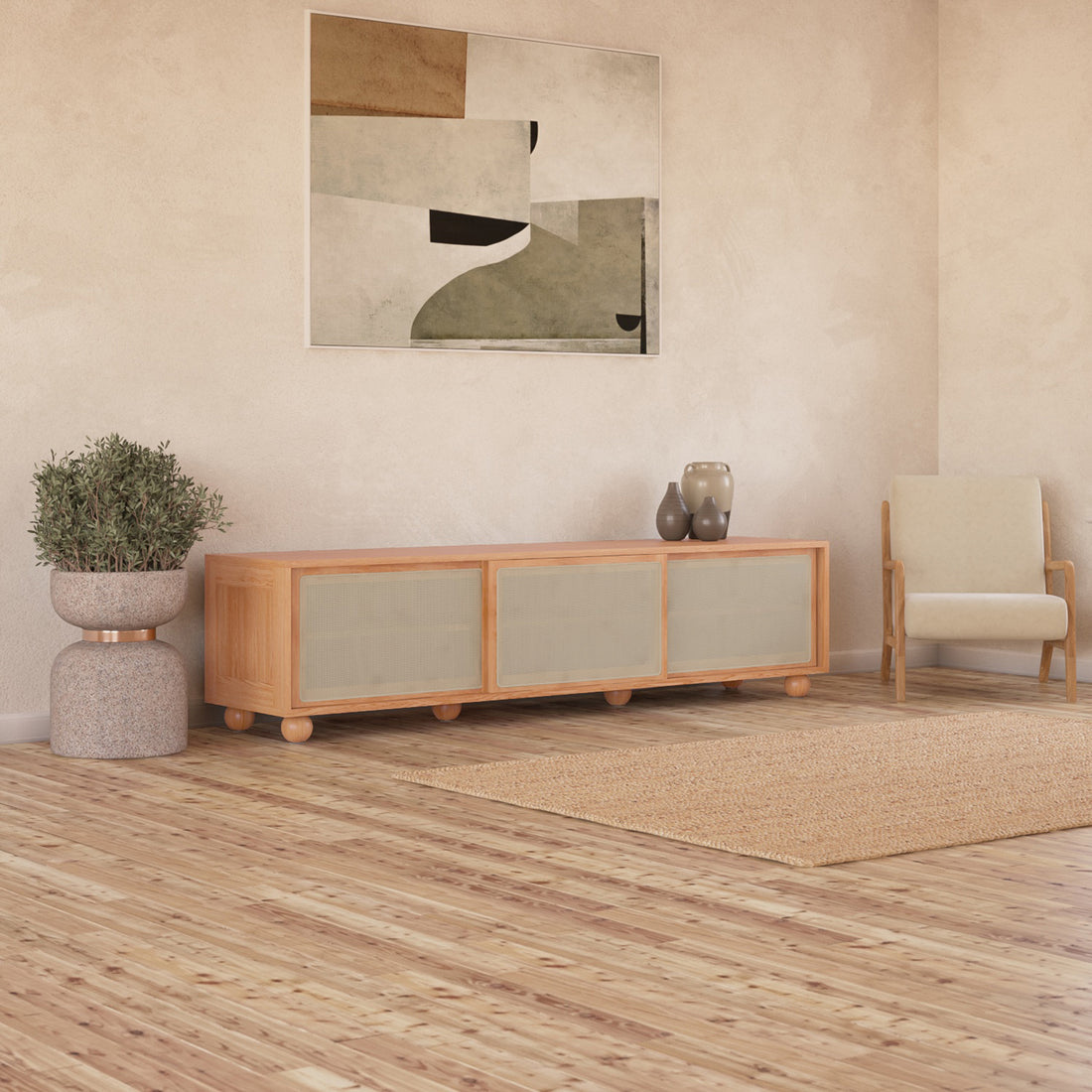 Thea 200cm Solid Oak Rattan Entertainment Unit - Natural, showcasing smooth rattan sliding doors with sturdy timber legs, and ample storage space, perfect for modern interiors.