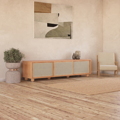 Thea 200cm Solid Oak Rattan Entertainment Unit - Natural, showcasing smooth rattan sliding doors with sturdy timber legs, and ample storage space, perfect for modern interiors.