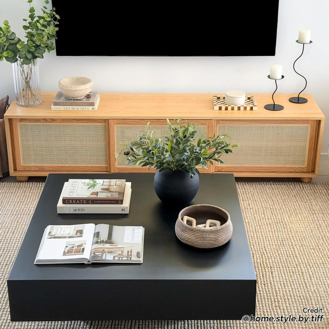 Thea 200cm Solid Oak Rattan Entertainment Unit - Natural featuring solid oak construction with natural rattan sliding doors, sturdy timber legs, and cable holes, ideal for stylish and functional living room storage.