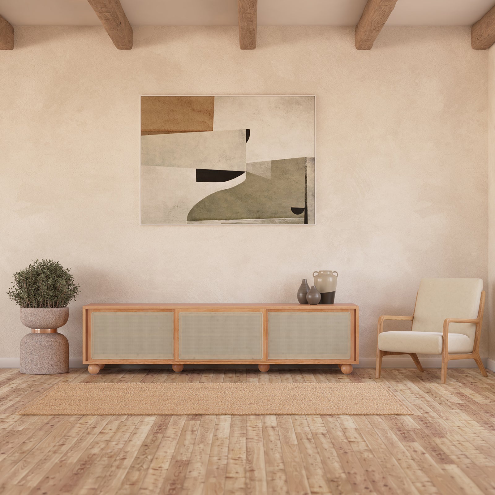 The Thea 200cm Solid Oak Rattan Entertainment Unit - Natural features natural rattan sliding doors, sturdy timber legs, and ample storage with a sleek, modern design, ideal for contemporary interiors.
