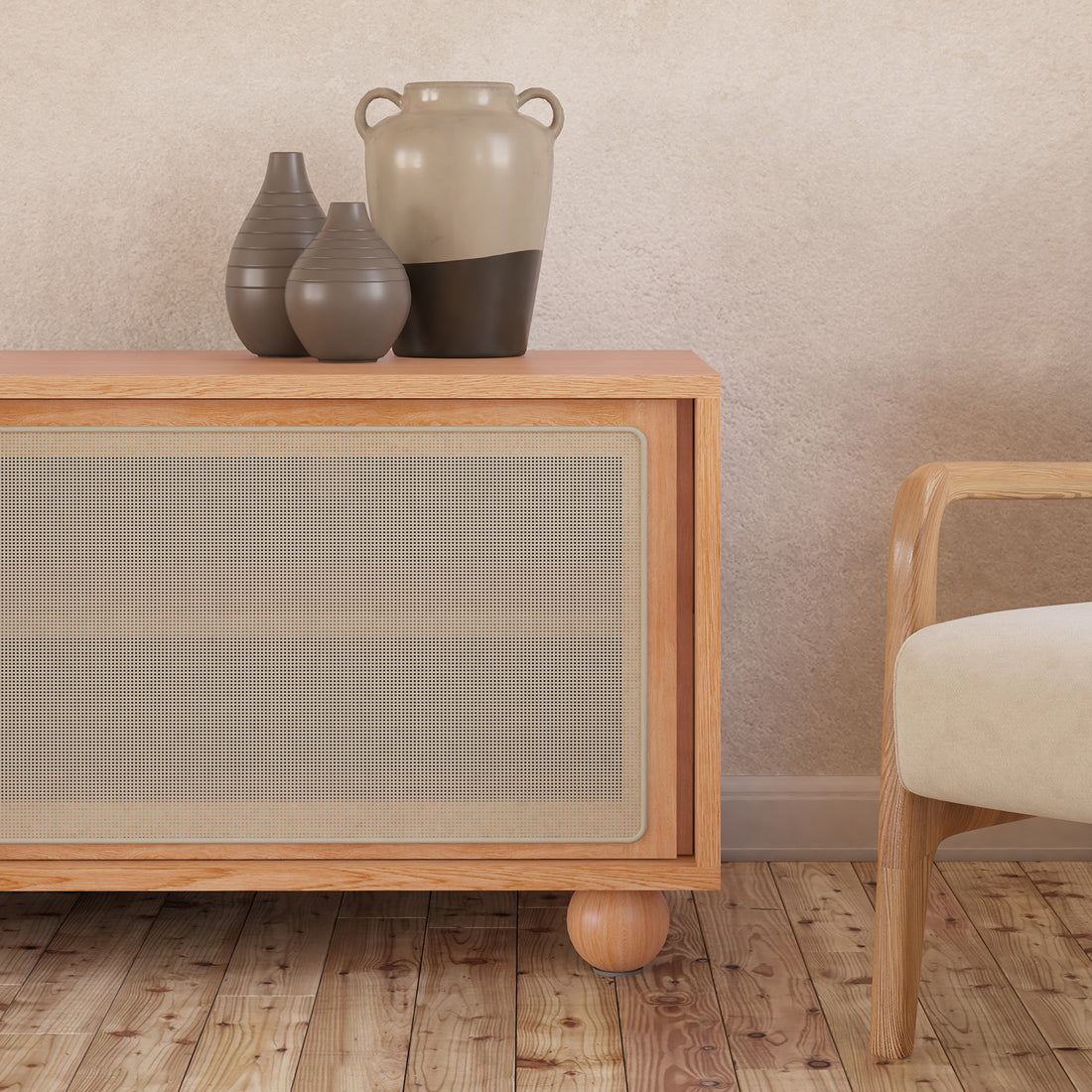 Thea 200cm Solid Oak Rattan Entertainment Unit showcases natural rattan sliding doors and sturdy timber legs, providing a blend of elegance and practicality for modern living spaces.