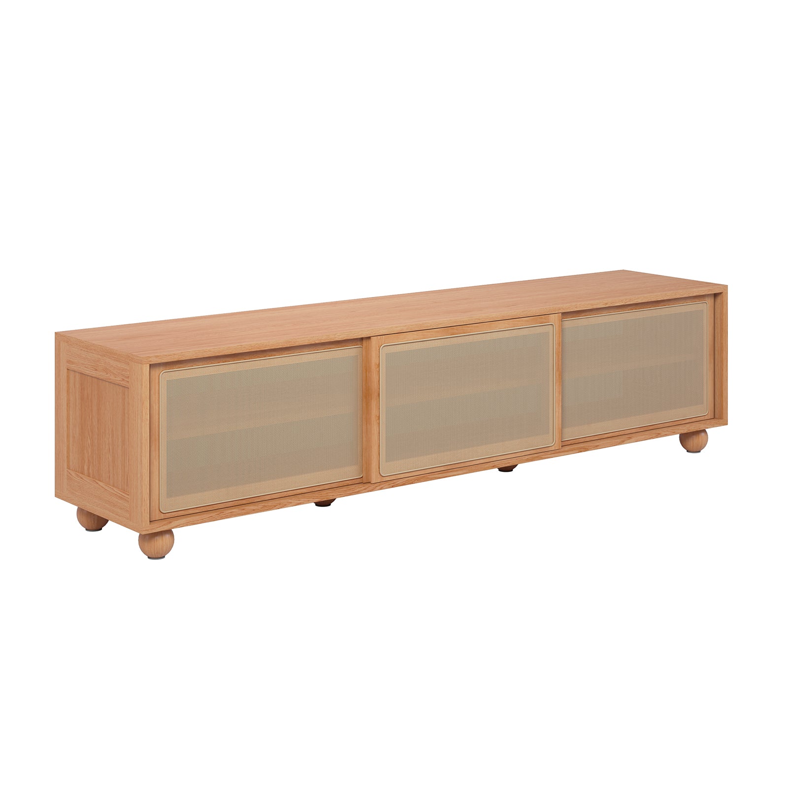 Thea 200cm Solid Oak Rattan Entertainment Unit - Natural, showcasing close-up of natural rattan sliding doors and sturdy timber legs, emphasizing its elegant design and practical storage features.