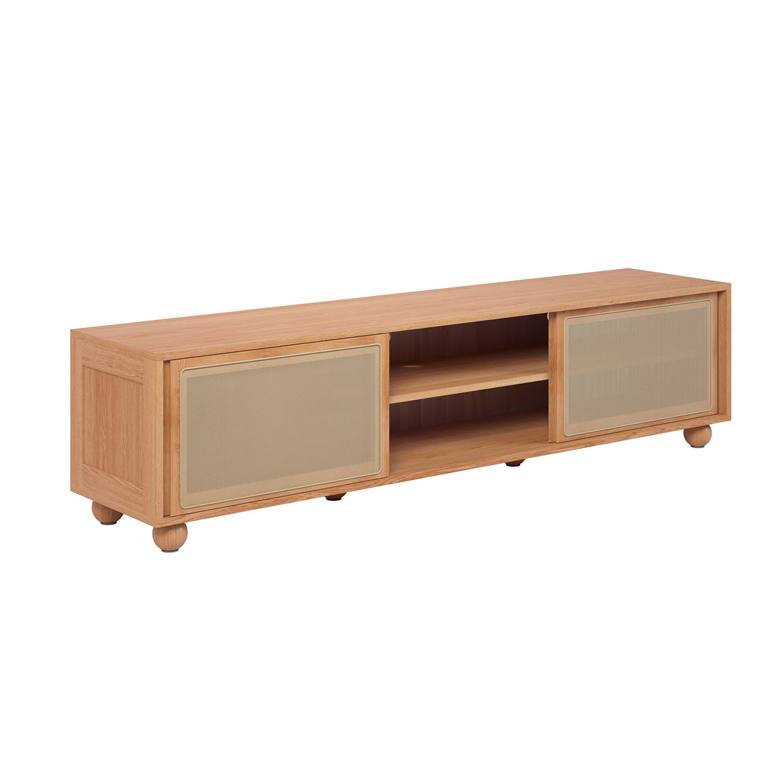 Thea 200cm Solid Oak Rattan Entertainment Unit - Natural, featuring close-up views of its solid oak shelf and intricate rattan sliding doors, showcasing elegant design and practical storage features.