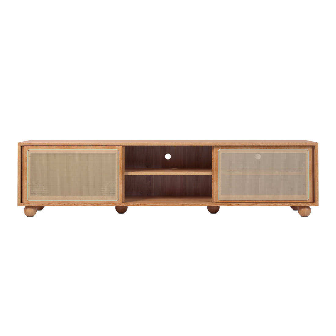 Thea 200cm Solid Oak Rattan Entertainment Unit - Natural featuring elegant rattan sliding doors and ample cabinet storage, showcasing craftsmanship in solid oak with functional cable holes and sturdy timber legs.