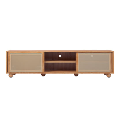 Thea 200cm Solid Oak Rattan Entertainment Unit - Natural featuring elegant rattan sliding doors and ample cabinet storage, showcasing craftsmanship in solid oak with functional cable holes and sturdy timber legs.