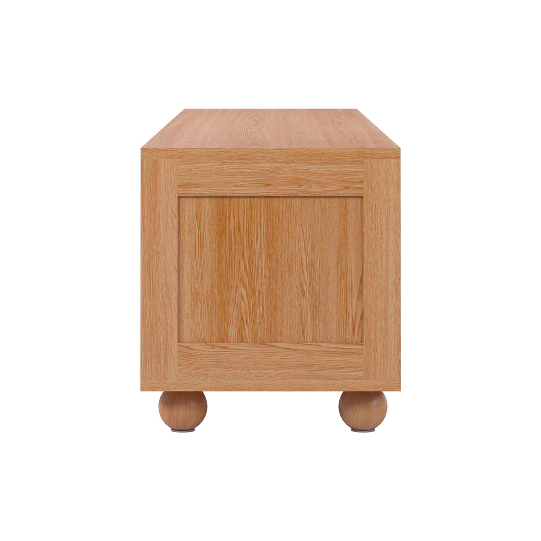 Thea 200cm Solid Oak Rattan Entertainment Unit - Natural features a close-up of its solid oak surface and rattan sliding doors, showcasing elegant design and practical storage in fine wooden craftsmanship.