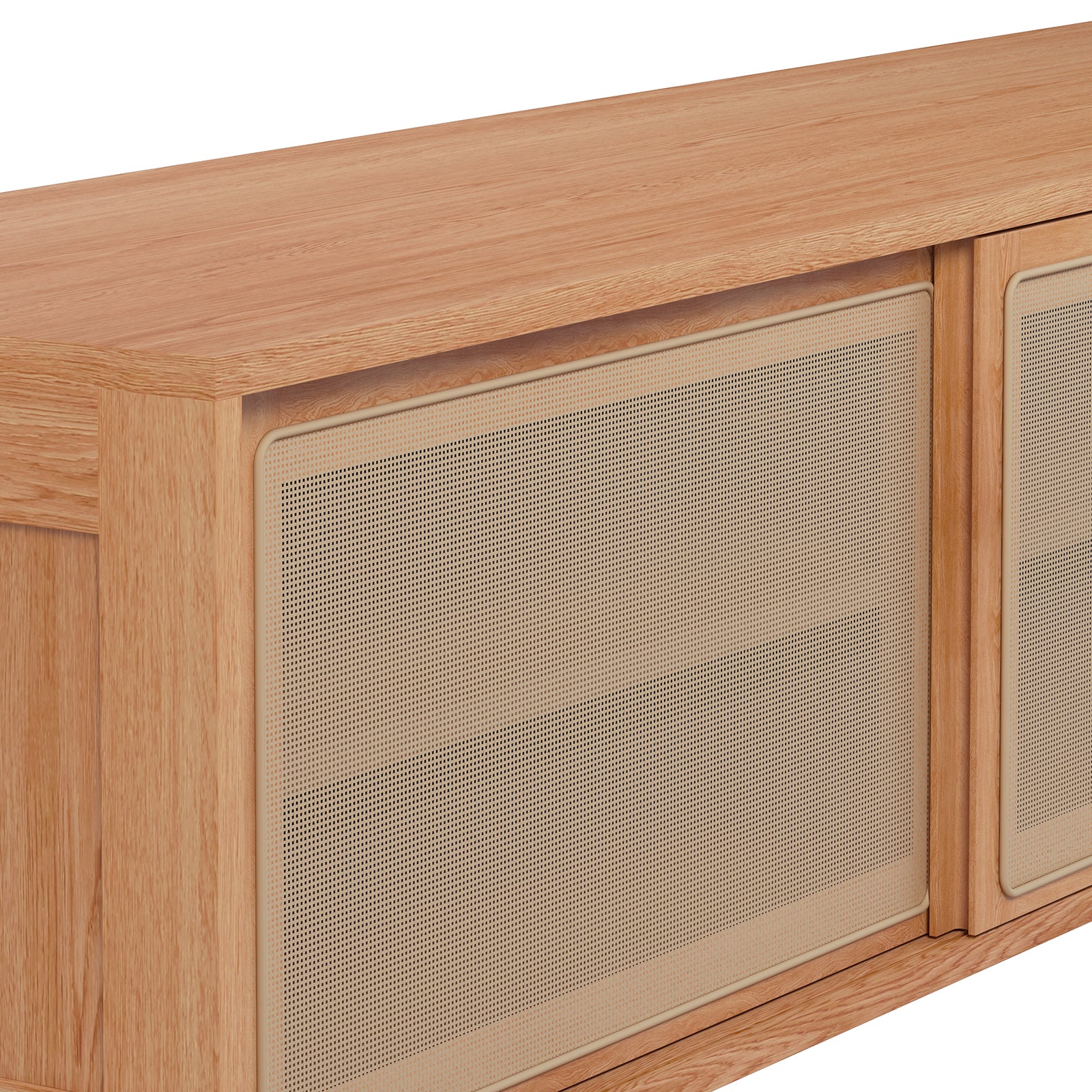The Thea 200cm Solid Oak Rattan Entertainment Unit - Natural features a close-up of its solid oak surface and intricate rattan sliding doors, showcasing its elegant design and craftsmanship.