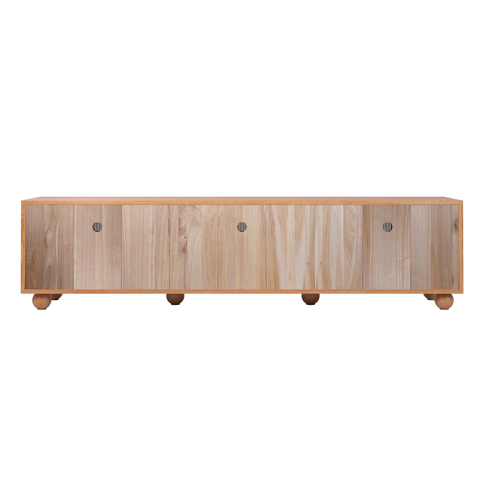 Thea 200cm Solid Oak Rattan Entertainment Unit - Natural featuring close-up views of solid oak wood, sturdy timber legs, and natural rattan sliding doors for an elegant, functional storage solution.