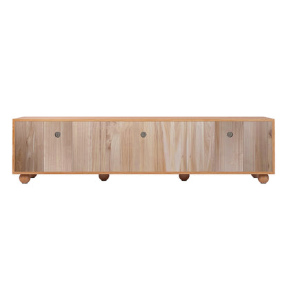 Thea 200cm Solid Oak Rattan Entertainment Unit - Natural featuring close-up views of solid oak wood, sturdy timber legs, and natural rattan sliding doors for an elegant, functional storage solution.
