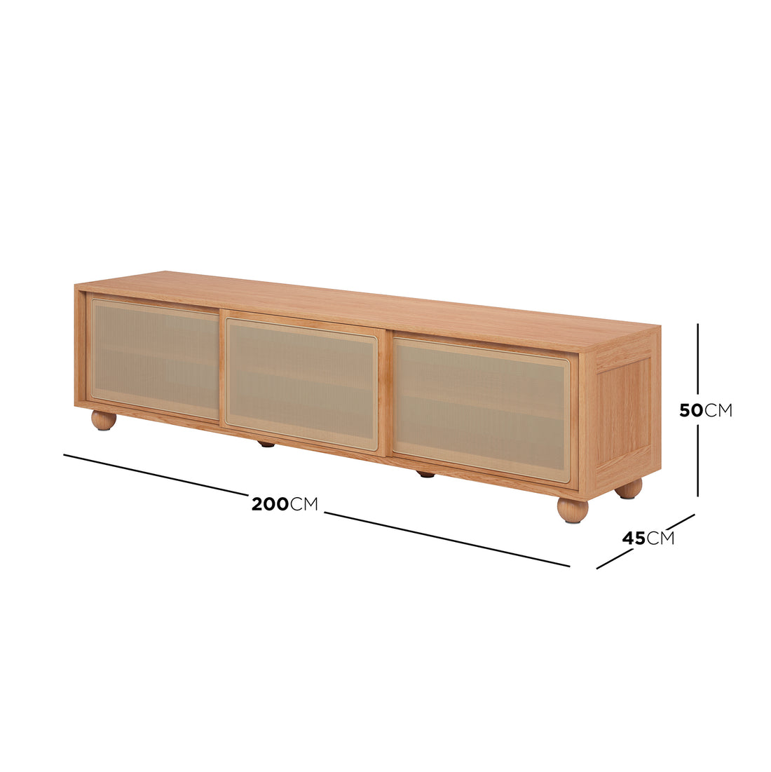Thea 200cm Solid Oak Rattan Entertainment Unit - Natural features close-up views of its solid oak construction, rattan sliding doors, and sturdy timber legs, highlighting its elegant design and practical storage elements.