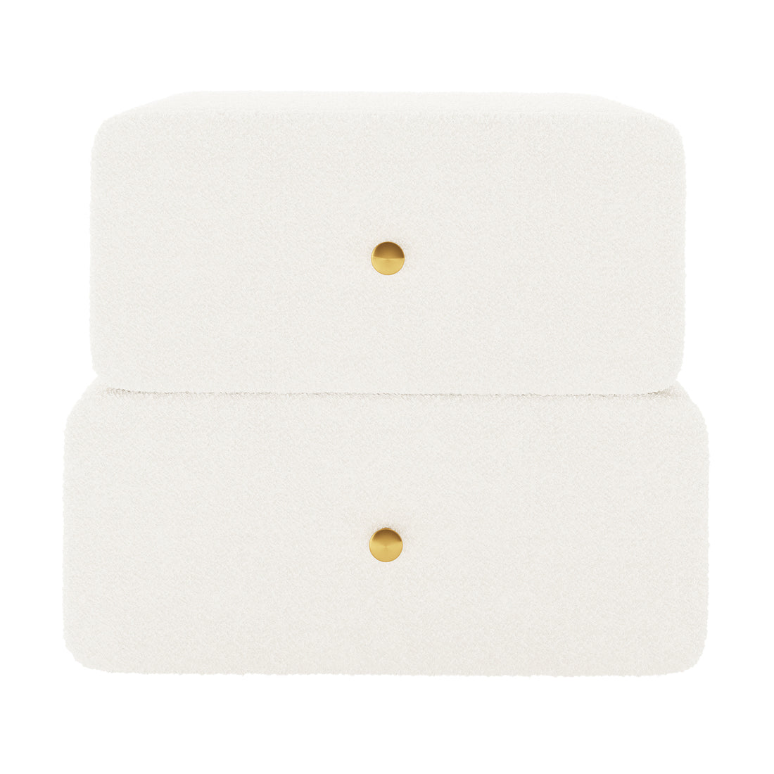 Tyla Boucle Bedside Table in Cream White, features a minimalist two-tier design with textured bouclé upholstery, two drawers each with a central brass-tone knob, enhancing bedroom elegance and functionality.