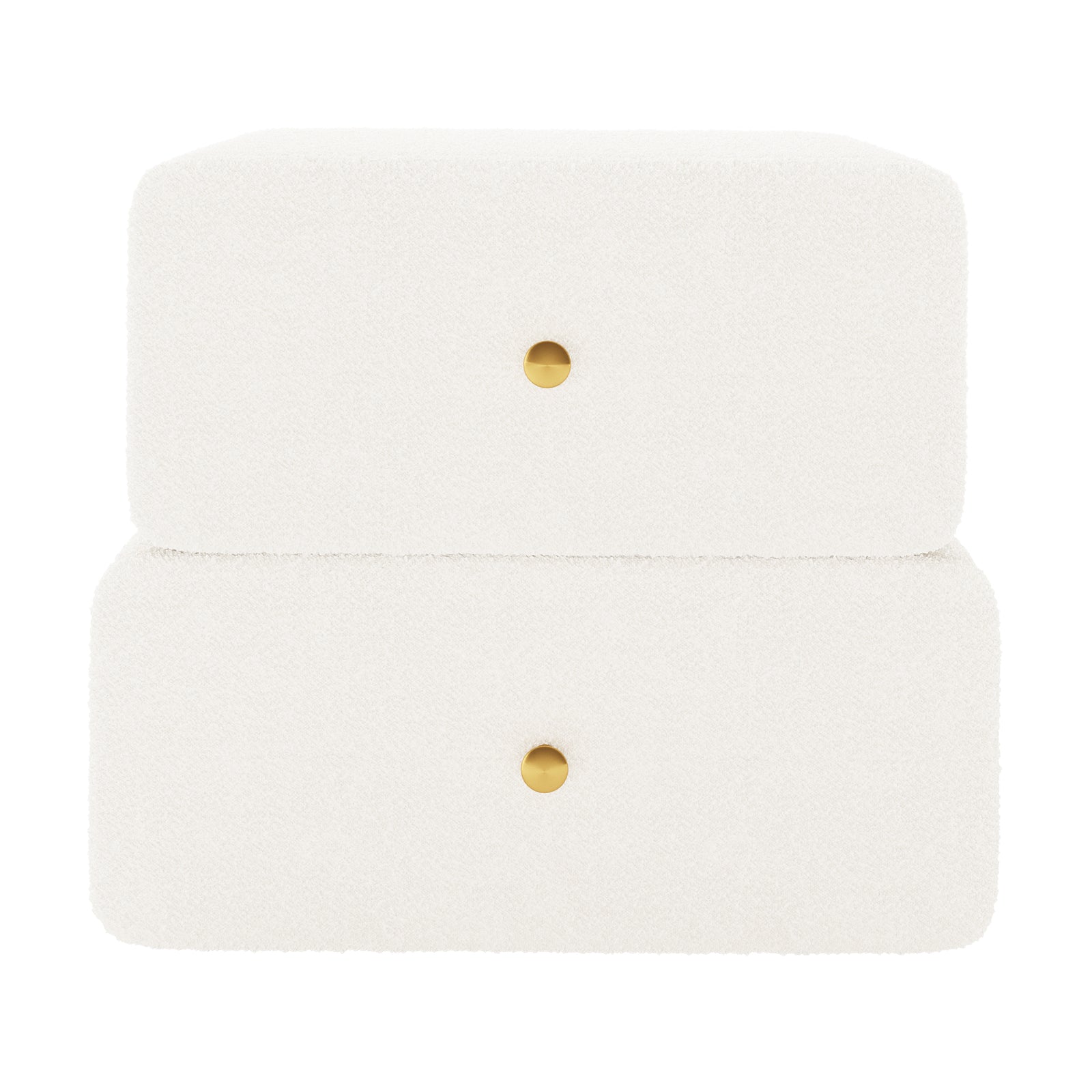 Tyla Boucle Bedside Table in Cream White, features a minimalist two-tier design with textured bouclé upholstery, two drawers each with a central brass-tone knob, enhancing bedroom elegance and functionality.