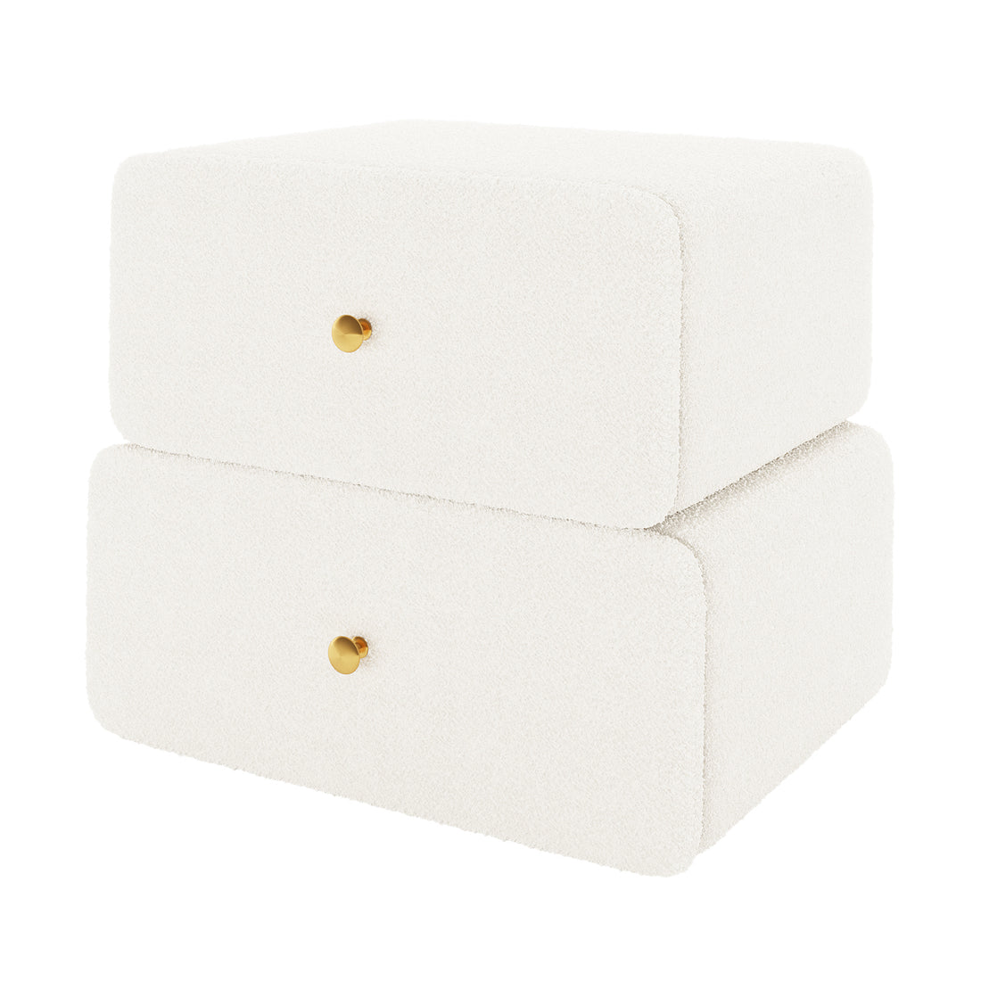 Tyla Boucle Bedside Table in Cream White, featuring minimalist stack-mounted drawer units with soft-edged, textured finish, and round gold knobs, exuding cosy elegance and functionality for a stylish bedroom addition.