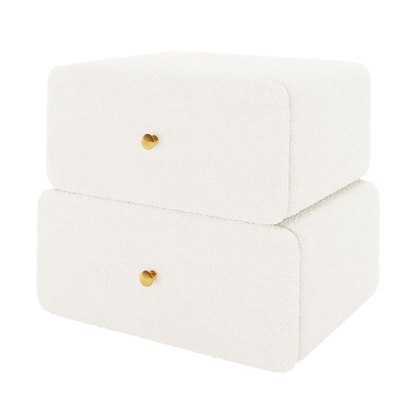 Tyla Boucle Bedside Table in Cream White, featuring minimalist stack-mounted drawer units with soft-edged, textured finish, and round gold knobs, exuding cosy elegance and functionality for a stylish bedroom addition.