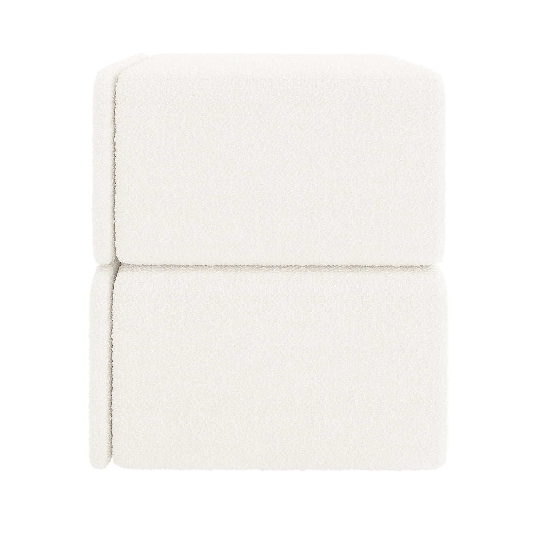 Tyla Boucle Bedside Table in Cream White, featuring cube-shaped upholstery blocks stacked, covered in soft boucle fabric, suggesting a modular design. This elegant piece offers both functionality and style for bedrooms.