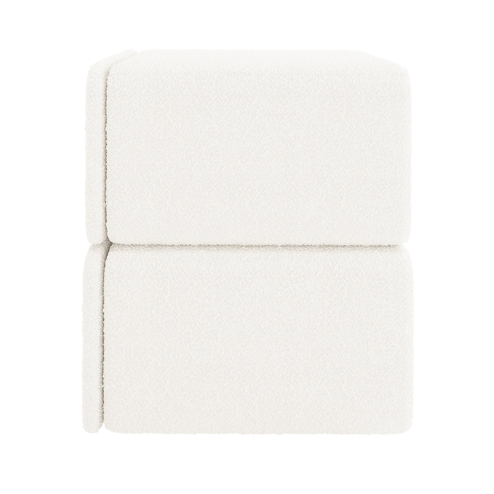 Tyla Boucle Bedside Table in Cream White, featuring cube-shaped upholstery blocks stacked, covered in soft boucle fabric, suggesting a modular design. This elegant piece offers both functionality and style for bedrooms.