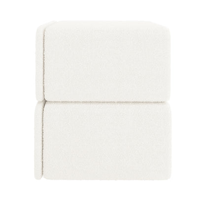 Tyla Boucle Bedside Table in Cream White, featuring cube-shaped upholstery blocks stacked, covered in soft boucle fabric, suggesting a modular design. This elegant piece offers both functionality and style for bedrooms.