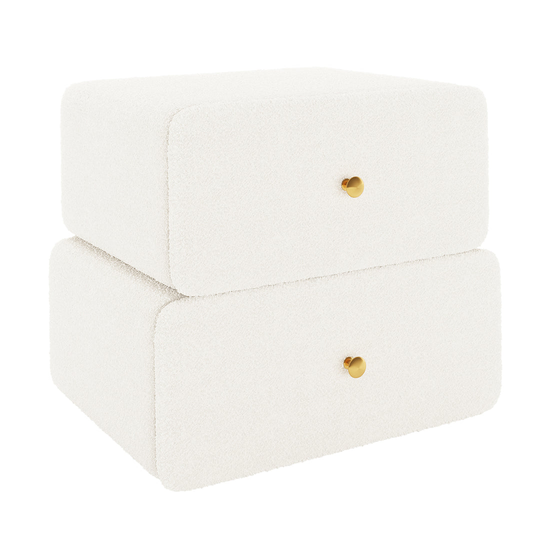 Tyla Boucle Bedside Table in Cream White, featuring two stacked rectangular boxes upholstered in boucle fabric with brass knobs, offering a minimalist design ideal for modern bedroom aesthetics.