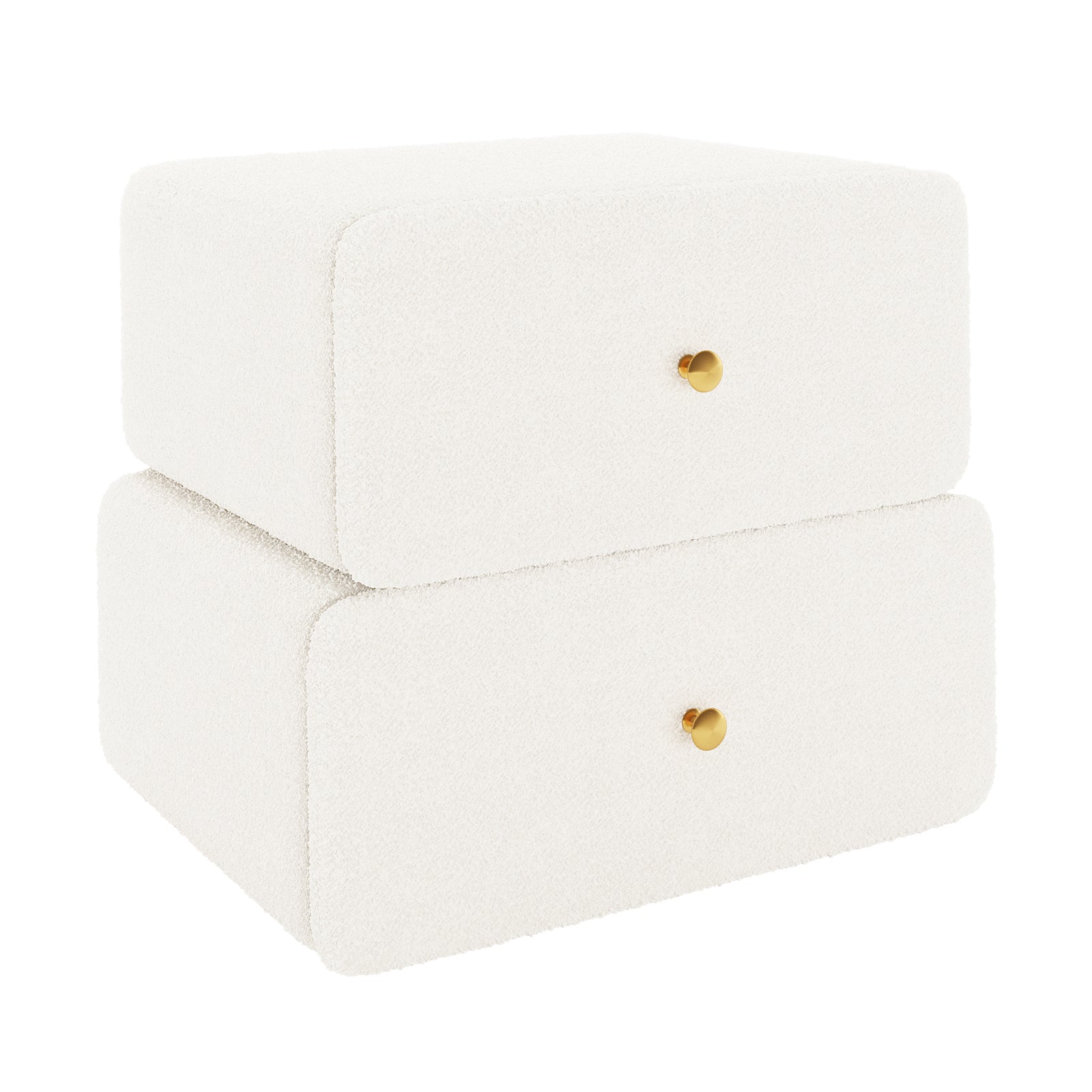 Tyla Boucle Bedside Table in Cream White, featuring two stacked rectangular boxes upholstered in boucle fabric with brass knobs, offering a minimalist design ideal for modern bedroom aesthetics.