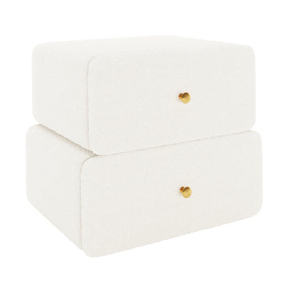 Tyla Boucle Bedside Table in Cream White, featuring two stacked rectangular boxes upholstered in boucle fabric with brass knobs, offering a minimalist design ideal for modern bedroom aesthetics.