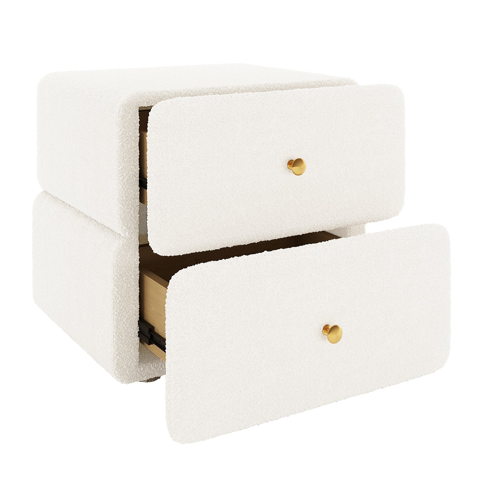 Tyla Boucle Bedside Table in Cream White, cube-shaped, upholstered in boucle fabric with two drawers featuring brass knobs; one drawer is partly open, highlighting its elegant, functional design.